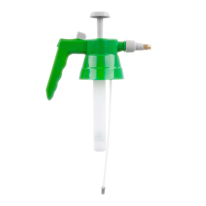 Handheld 1.5L garden sprayer with green and white design