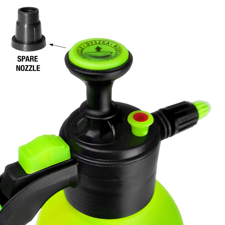 Green garden sprayer featuring a black nozzle for precision